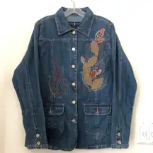 Unique 2000s Y2K Navy blue Embroidered jean denim fitted jacket floral leaf design #boho #hippie #indie #western 100% cotton