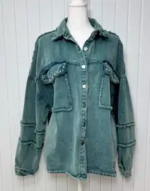 POL Green teal Denim Stone Washed Jacket / Shirt
 Button Up Studded Size S