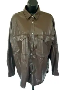 Acoa Faux Leather Shacket‎ Sz S Brown Pearl Snap Western 90's Baggy Oversized