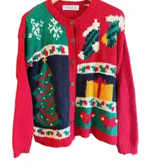 80s Vintage KAREN SCOTT | Chunky Knit Christmas Sweater Cardigan | Small Petite