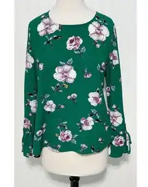 Live To Be Spoiled Floral Print Long Bell Sleeve Blouse Keyhole Back Green Large