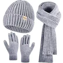 Chenille Winter Cozy Gray 3pc Set Long Scarf Touchscreen Gloves Beanie Hat Cap