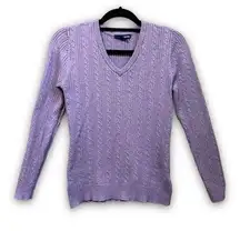 basic editions  Light Purple V Neck Cable Knit Ribbed Long Sleeve Sweater M