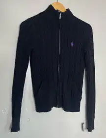 Ralph Lauren Cable Knit Zip Up Cotton Cardigan Black Pony Size Small