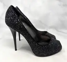 Giuseppe Zanotti Glitter Textured Platform Open Peep Toe Pumps Heels Black 39.5
