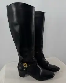 Vintage Y2K Tory Burch Leather Gold Logo Knee High Heeled Boots in Black Size 7