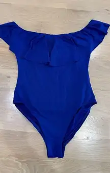 Trina Turk Monaco Solids Off Shoulder Ruffle One Piece blue Swimsuit size 8