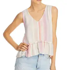 Rails Mira Stripe Linen Blend Sleeveless Peplum Top Size XS Pink V-Neck