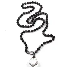 Necklace Black Lava & Pave Beads w/ Crystal Pendant & Pave Lobster Clasp NEW