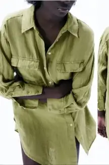 ✨ Zara Oversized Linen Boho Button Down Green Shirt✨