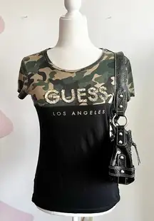 Vintage Y2K Guess Sequin Camo Top, 2000s Glam Clubwear Grunge McBling‎ Medium