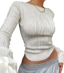 Women Ruched Textured Crew Neck Crop Tee Top Long Sleeve S