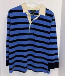 Ralph Lauren LAUREN  NAVY BLUE &  BLUE STRIPE COLLARED L/S POLO SHIRT SIZE XL