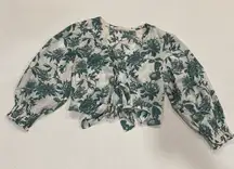 Abercrombie & Fitch Women’s Blouse Size L Green Floral Tie Front Puff Sleeve