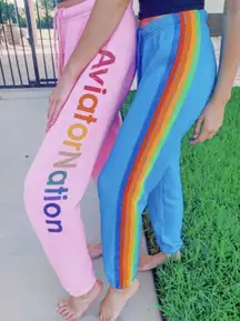 AVIATOR NATION 5 Stripe Sweatpant in Neon Blue & Neon Rainbow Size Small