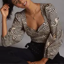 NWT Farm Rio + Anthropologie Puff-Sleeved Sweetheart Blouse Top in Black / Cream