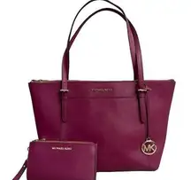 Michael Kors  CHARLOTTE LARGE  LEATHER TOTE + WALLET SET IN DARK CHERRY Pink