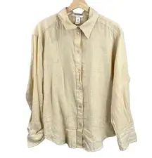 Womens H&M Linen Shirt Beige Long-sleeve Button-up Collared Med Lightweight