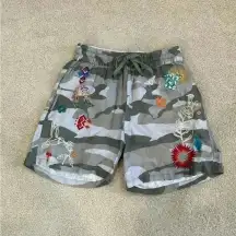 Johnny Was Saguaro Linen Blend Floral Flower Embroidered Camo Shorts