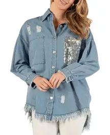 Before You with love Denim Distressed Sequin Pocket Oversized Shirt Jacket Small