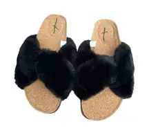 aerie faux fur black fuzzy slip on slides sandals cork print women’s size 10