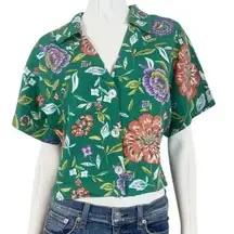 Marc New York size medium cropped linen blend floral blouse shirt top Green
