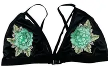 Boutique Lanshifei Womens Floral Embroidered Festival Rave Satin Cutout Bra Size L Black