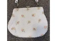 Vintage 1950’s Corde Bead Lumured  Ivory Floral Clutch Handbag Purse With Handle