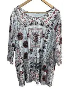 Catherines‎ Tunic Top 2X Mesh Layered 3/4 Sleeve White Floral Scoop Neck Womens