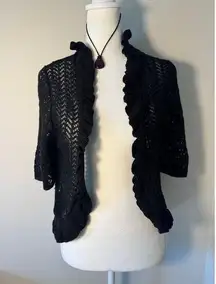 Y2K Black Knit Ruffle Cardigan Shrug Size Medium