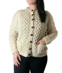 Gaeltarra 100% Pure Wool Cream Chunky Cable knit Sweater Cardigan Size Medium