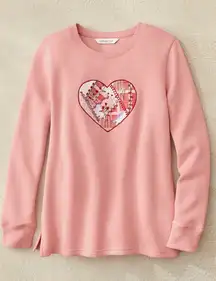 Coldwater Creek Pink Heart Patchwork Sweatshirt Women PM‎ Long Sleeve Cozy