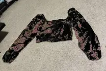 Black velvet long sleeve crop top with pink floral never worn