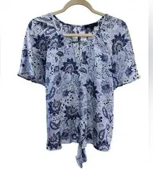 eclair blue floral ruffled short sleeve satin front knot tie