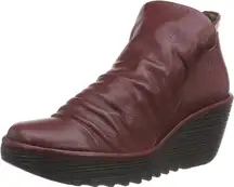 Fly London Yip Leather Wedge Ankle Boots Burgundy Wine 39