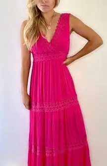 Hot Pink Embroidered Open Back Maxi Dress