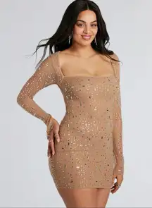 Windsor Long Sleeve Rhinestone Mesh Mini Dress