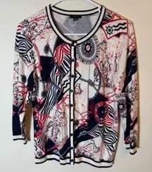Talbots Petite Nautical Map Print Cardigan Sweater Womens Size‎ MP