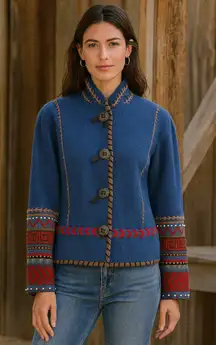 ColdWater Creek Artisan Blue Wool Western Jacket Boho Embroidered Southwestern