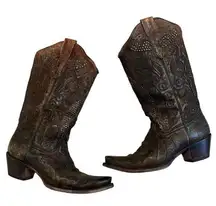 Corral Distressed Brown Leather Flowered Embroidery Western Boots, Sz 9