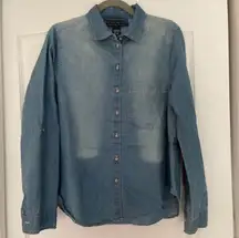 Chambray Denim Jean Long Sleeve Button Up Blouse Top Size Large 