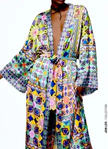 ZARA Boho Print Satin Belted Kimono Robe Dress Size M NEW