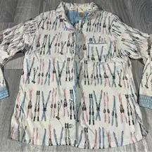 Munki Munki Ski Print Button-Up Long Sleeve Fleece Pajama Top; Large Women’s