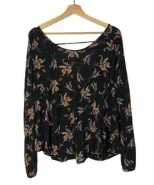 Free People Black Floral Fanta Open Back Long Sleeve Top M