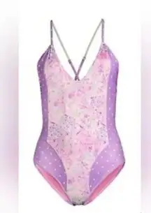 LoveShackFancy Purple Pansy Floral Shailee One Piece Swimsuit XS‎ NWT