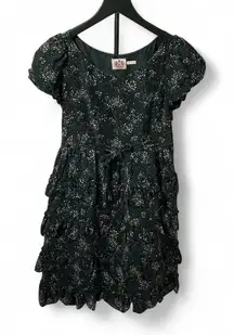 Y2K Juicy Couture Silk Black Floral Ruffle Mini Dress Short Sleeve‎ Party