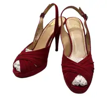 Burgundy Red Pleated Suede Peep Toe Platform Slingback Pumps 8M