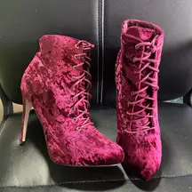 ASOS Crushed Velvet Elegant Burgundy Lace-Up Ankle Boots Size 6