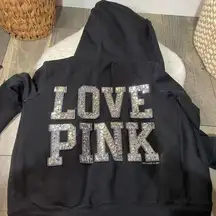 VS Pink Black Faux Fur Sequin Love Pink Zip Up Hoodie Jacket