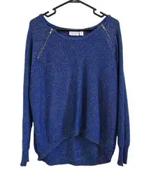 Bisou Bisou Long Sleeves Blue Sparkle Metallic Zipper Acrylic Sweater Size XL